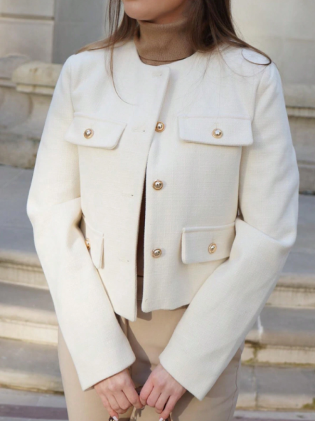 معطف المرأة الأنيق الكاجوال من التويد، ربيعي، ياقة مستديرة، أكمام طويلة، لون أحادي